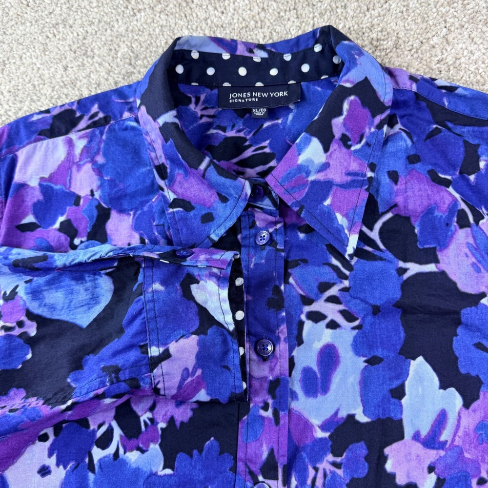 Jones New York‎ Signature Button Down Women XL Blue Purple Floral Cotton Blouse